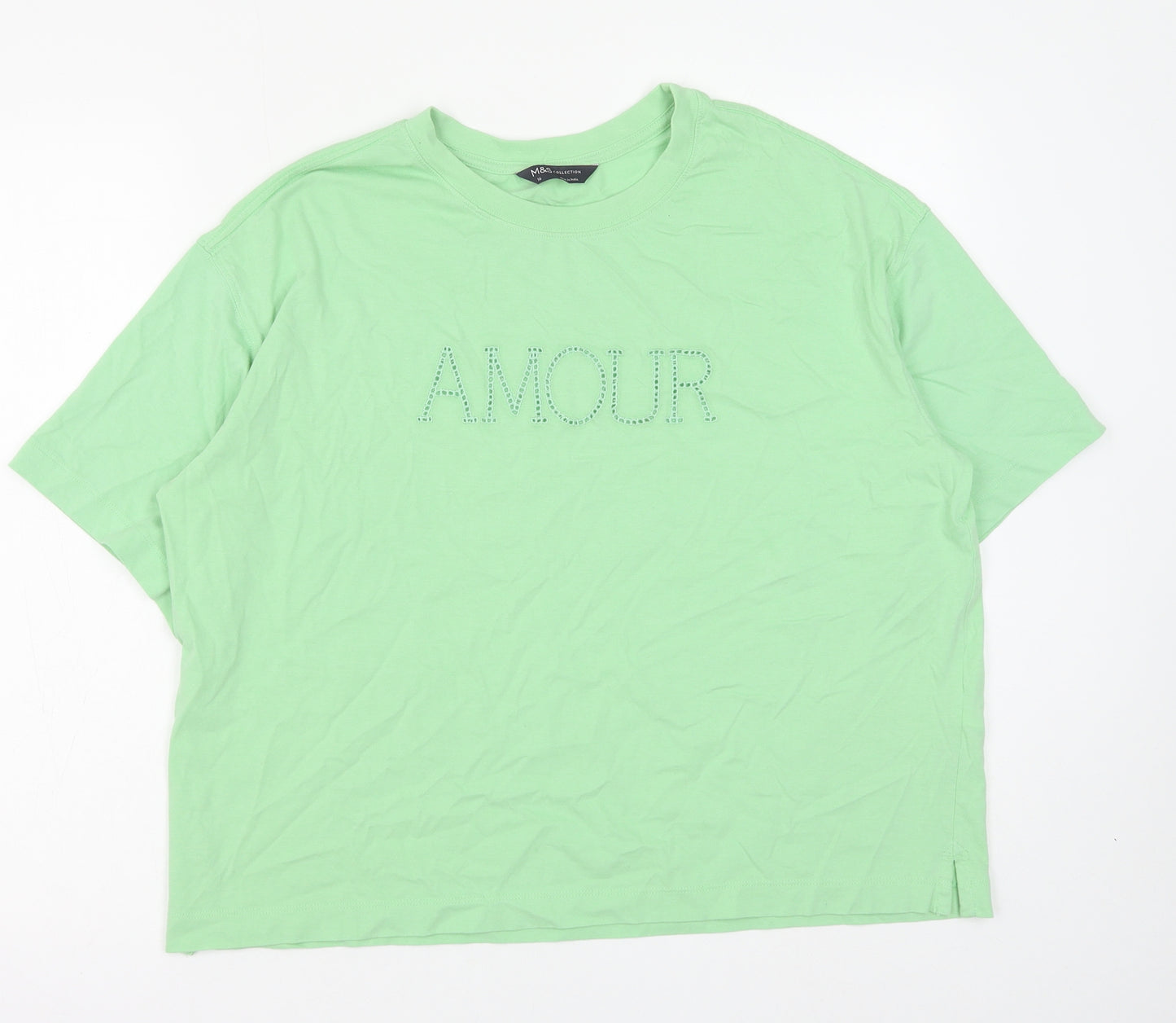 Marks and Spencer Womens Green Cotton Basic T-Shirt Size 16 Round Neck - Amour