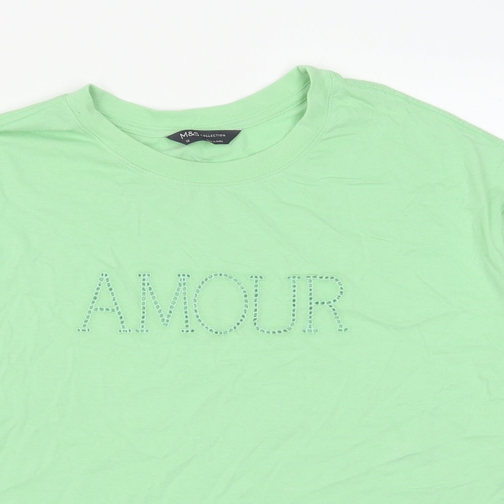 Marks and Spencer Womens Green Cotton Basic T-Shirt Size 16 Round Neck - Amour