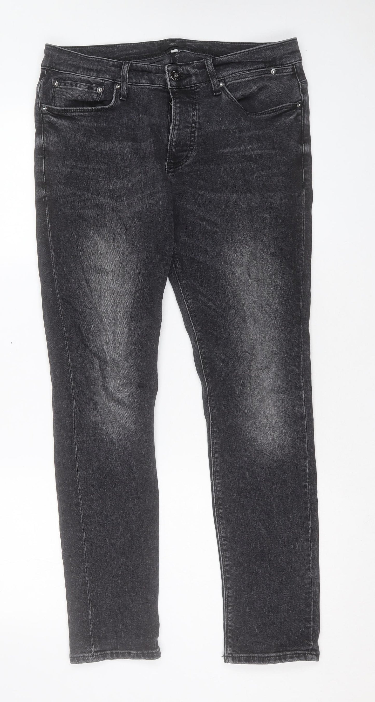 River Island Mens Black Cotton Straight Jeans Size 32 in L32 in Regular Button