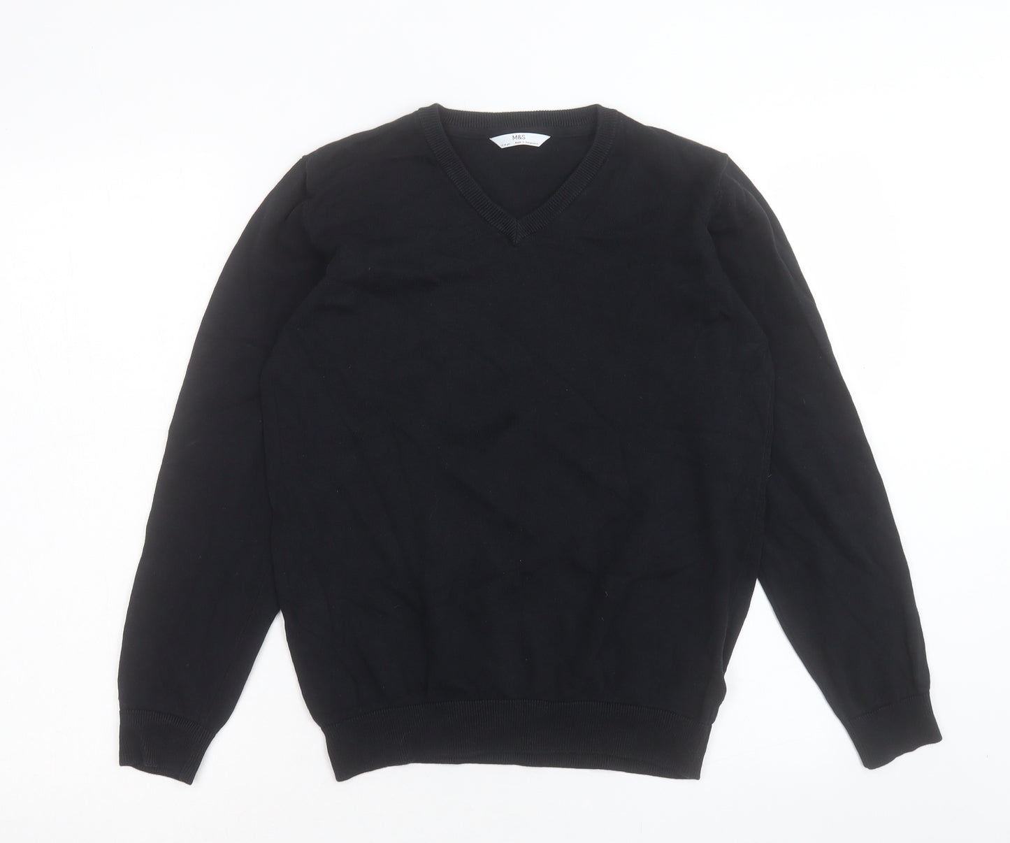 Marks and Spencer Boys Black V-Neck Cotton Pullover Jumper Size 13-14 Years Pullover