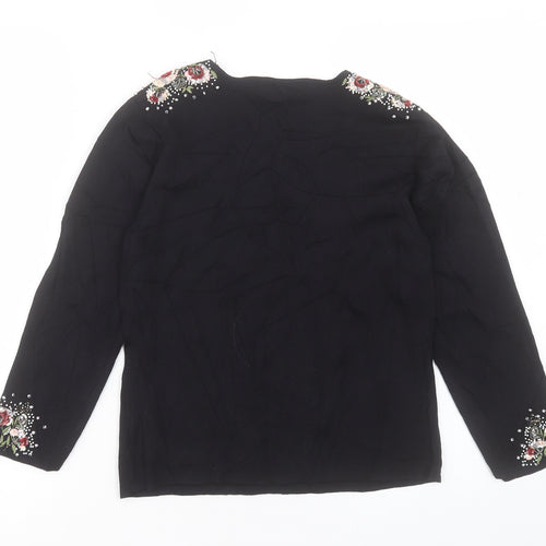 Stephan Womens Black V-Neck Viscose Pullover Jumper Size S - Flower Detail