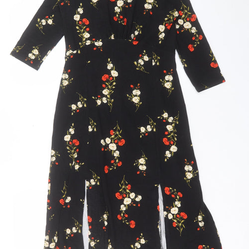 Dorothy Perkins Womens Black Floral Viscose A-Line Size 8 Round Neck Pullover - Slit