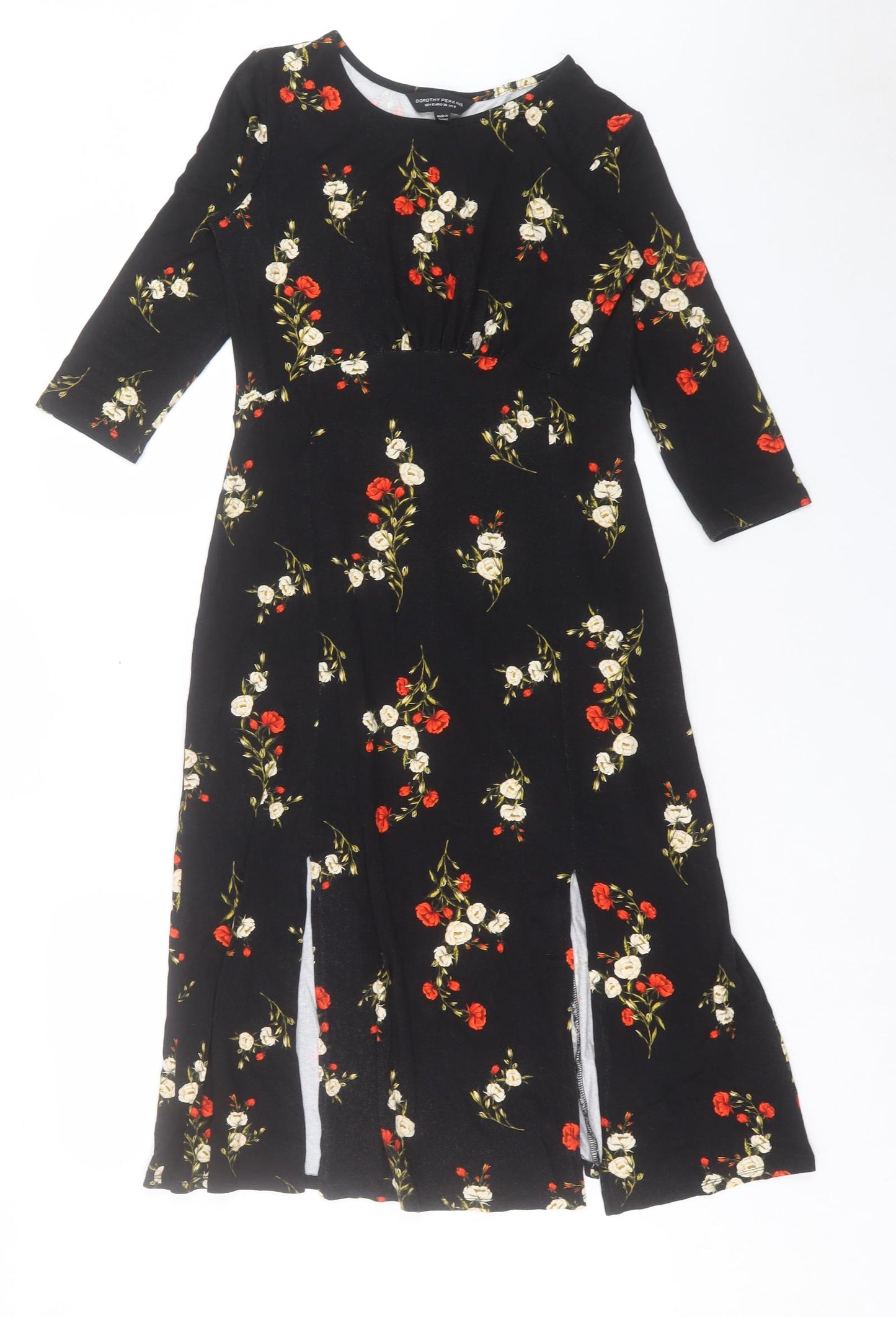 Dorothy Perkins Womens Black Floral Viscose A-Line Size 8 Round Neck Pullover - Slit