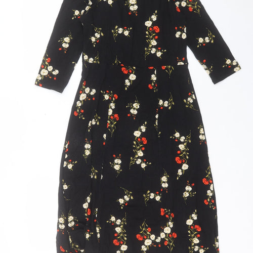 Dorothy Perkins Womens Black Floral Viscose A-Line Size 8 Round Neck Pullover - Slit