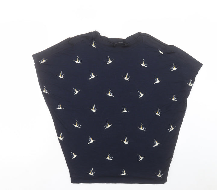 F&F Womens Blue Geometric Viscose Basic T-Shirt Size 8 Round Neck - Bird Print Cold Shoulder