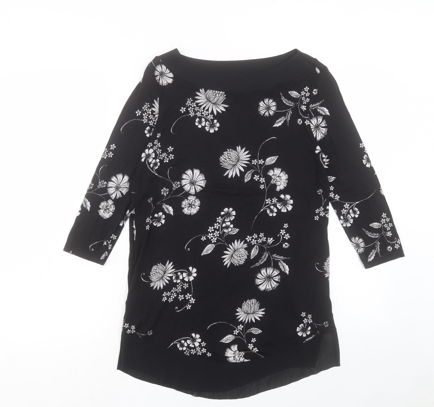 Marks and Spencer Womens Black Floral Viscose Basic Blouse Size 8 Boat Neck