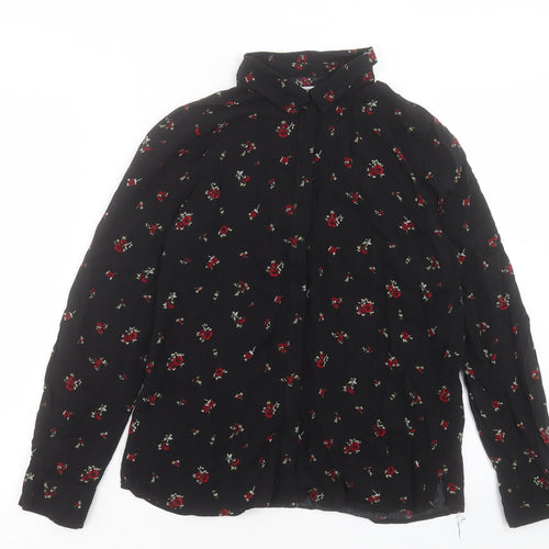 Pull&Bear Womens Black Floral Viscose Basic Button-Up Size L Collared - Tie Neck Detail