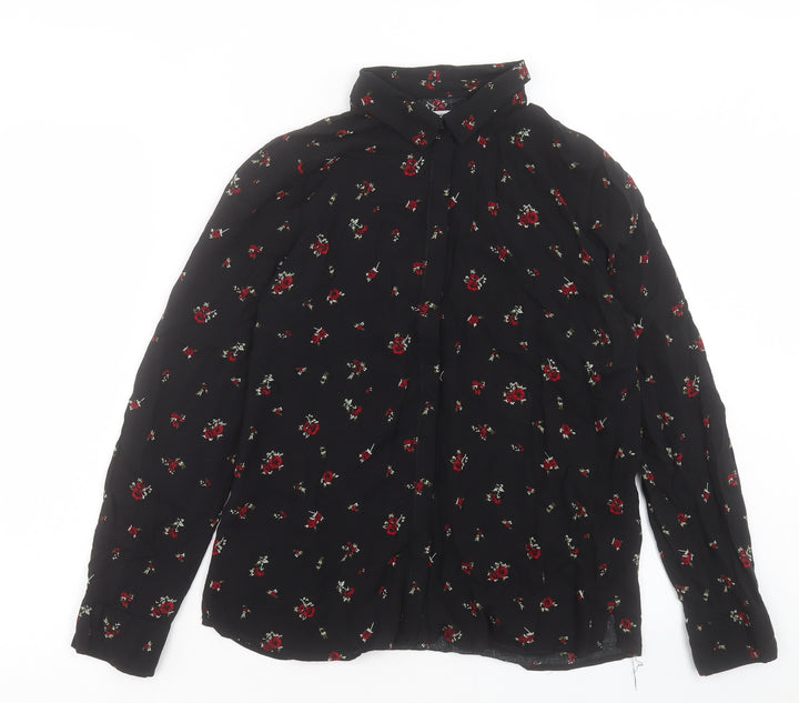 Pull&Bear Womens Black Floral Viscose Basic Button-Up Size L Collared - Tie Neck Detail