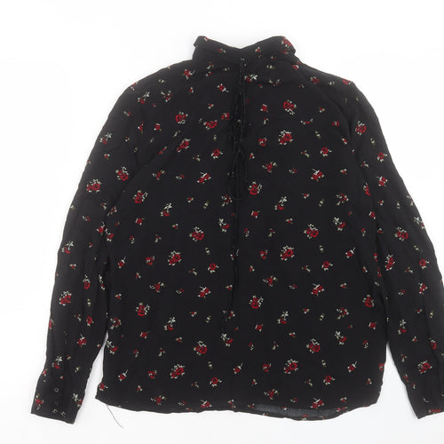 Pull&Bear Womens Black Floral Viscose Basic Button-Up Size L Collared - Tie Neck Detail
