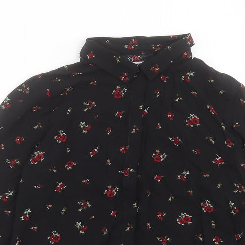 Pull&Bear Womens Black Floral Viscose Basic Button-Up Size L Collared - Tie Neck Detail
