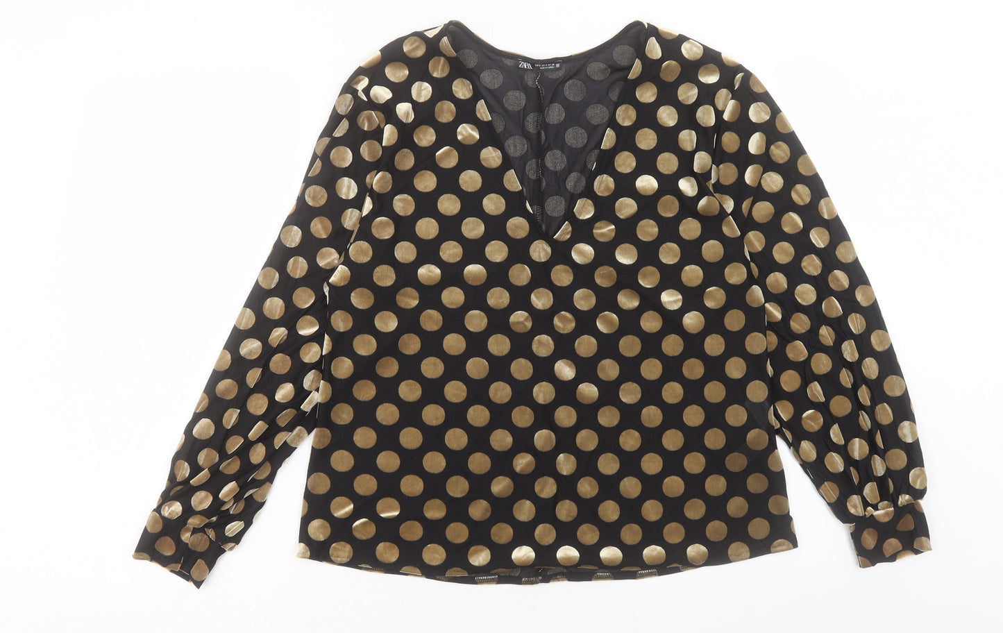 Zara Womens Black Polka Dot Polyester Basic Blouse Size S V-Neck