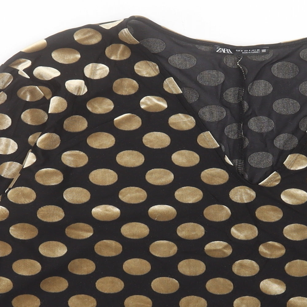 Zara Womens Black Polka Dot Polyester Basic Blouse Size S V-Neck