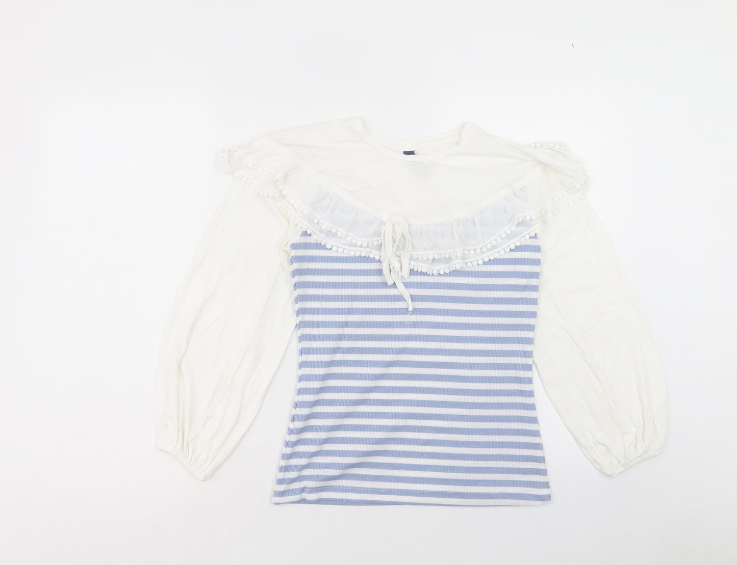 Elti Womens Blue Striped Polyester Basic Blouse Size M Round Neck - Pom Pom Detail