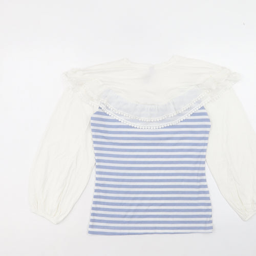 Elti Womens Blue Striped Polyester Basic Blouse Size M Round Neck - Pom Pom Detail