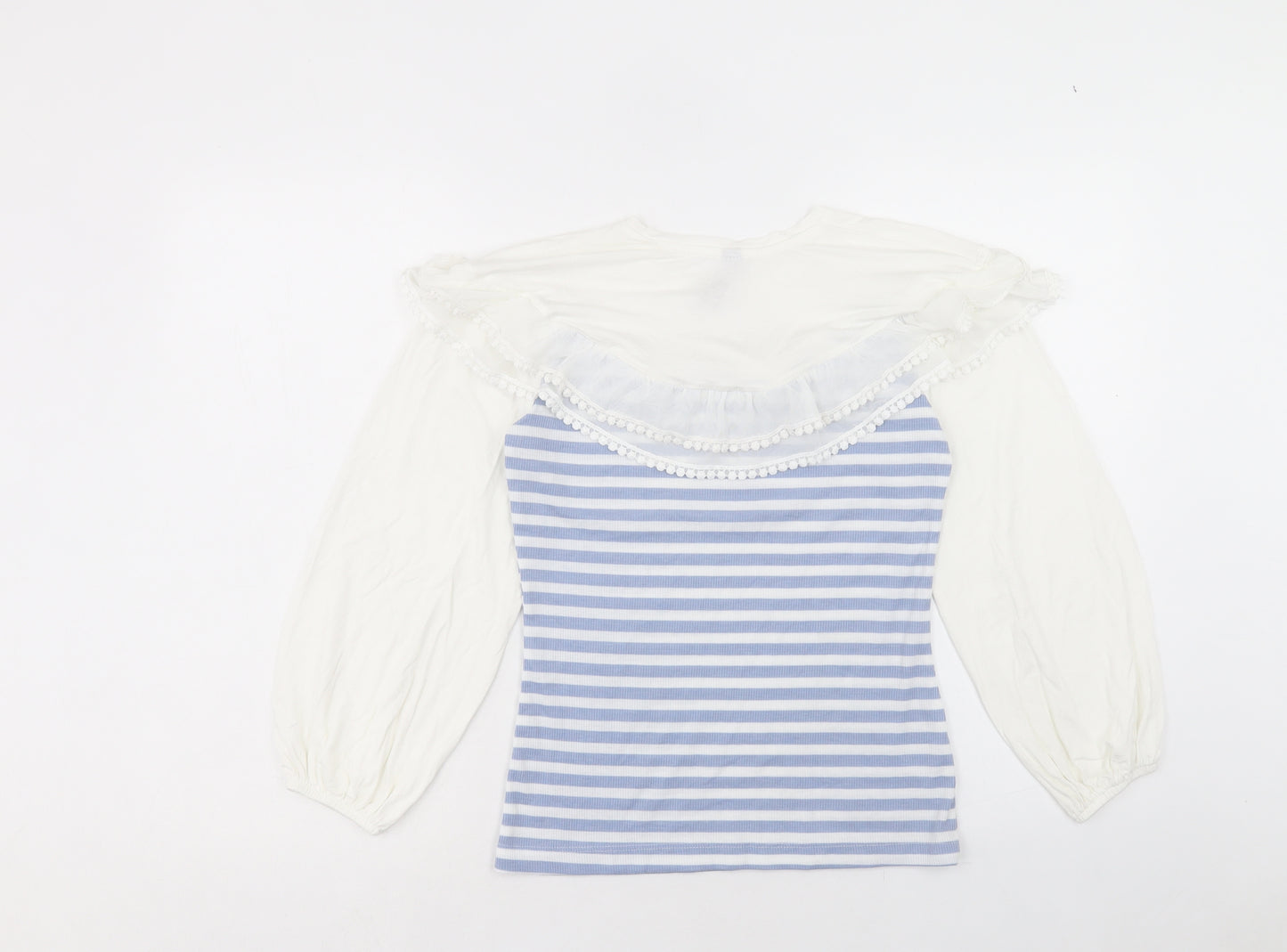 Elti Womens Blue Striped Polyester Basic Blouse Size M Round Neck - Pom Pom Detail