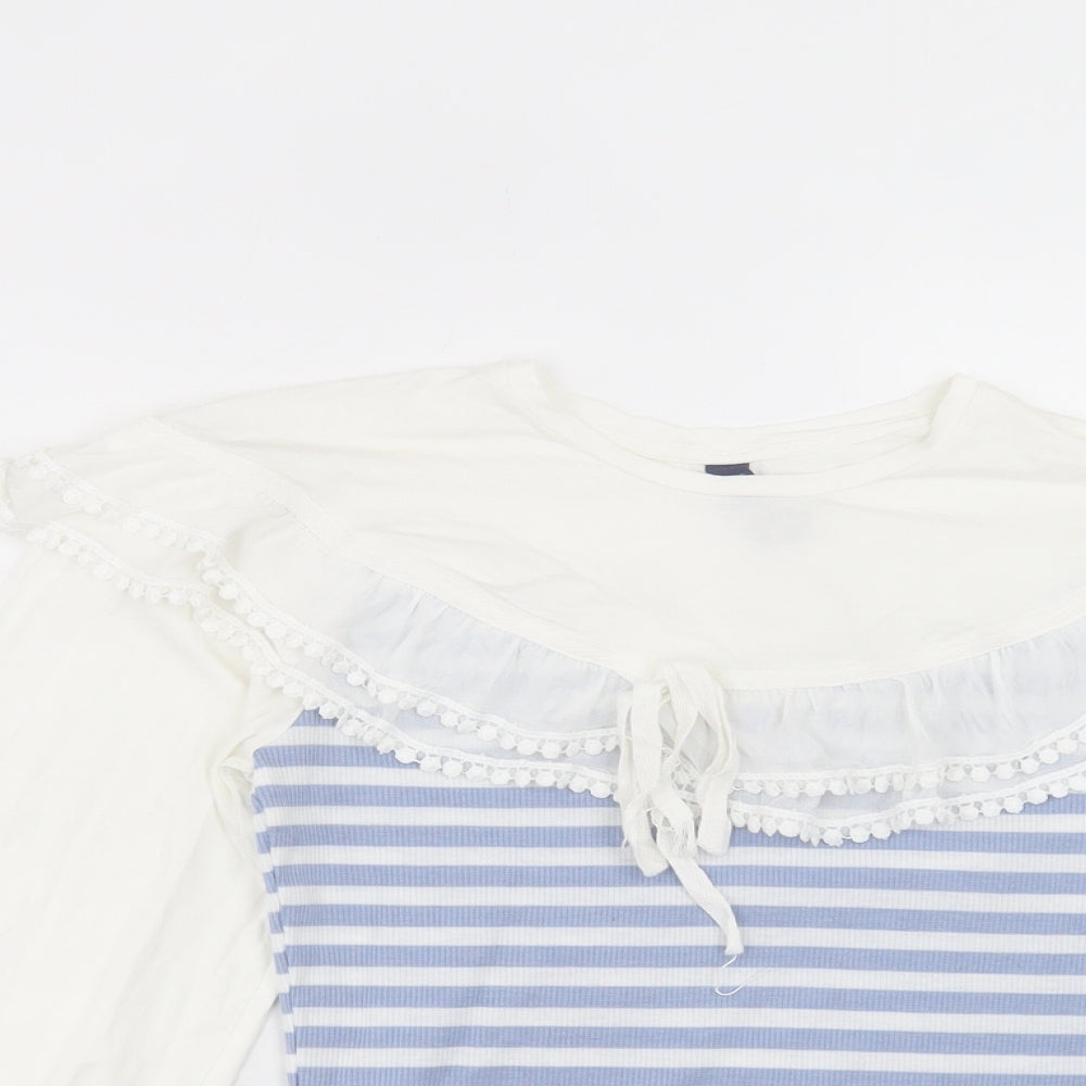 Elti Womens Blue Striped Polyester Basic Blouse Size M Round Neck - Pom Pom Detail