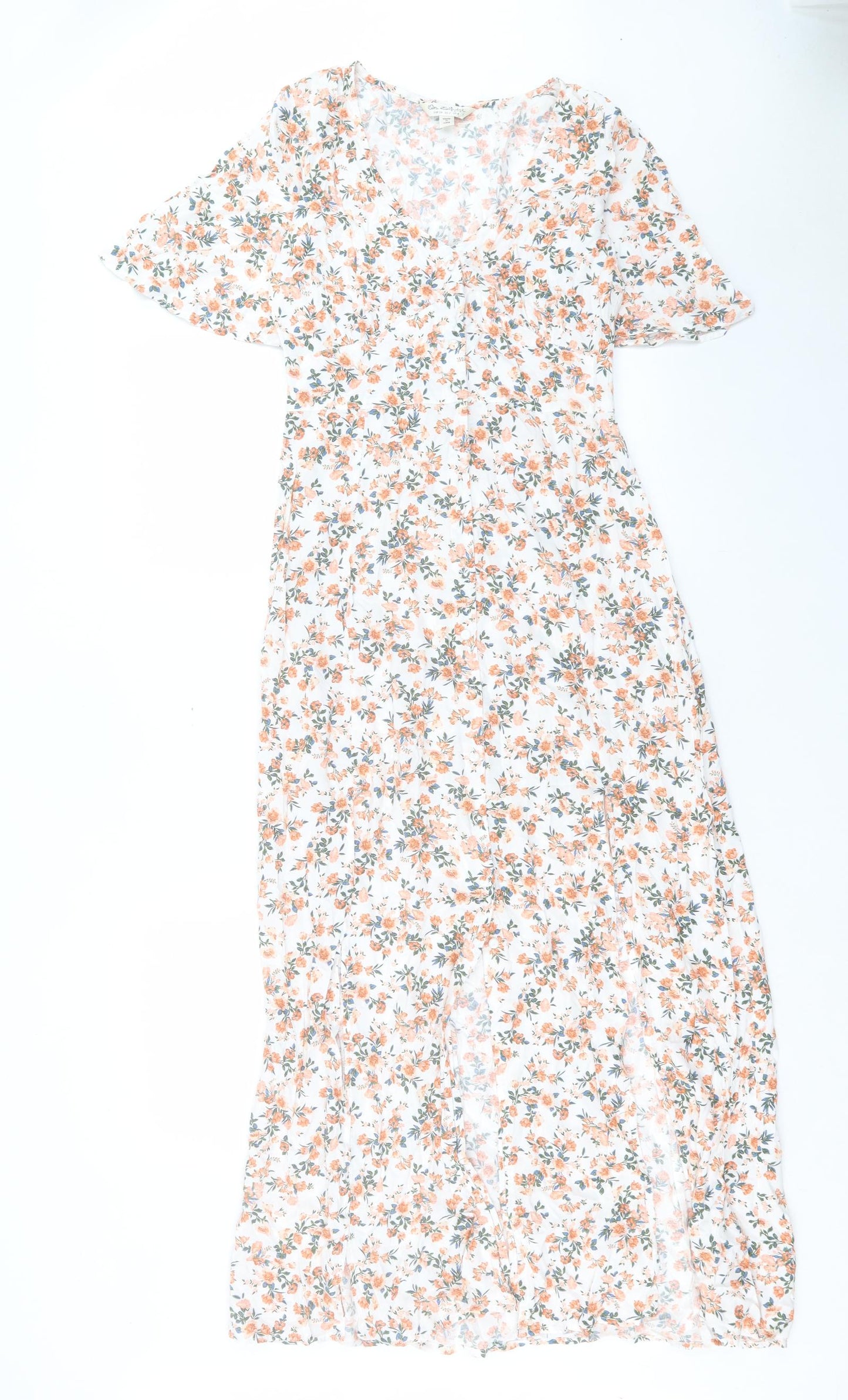 Miss Selfridge Womens Orange Floral Viscose A-Line Size 6 V-Neck Button