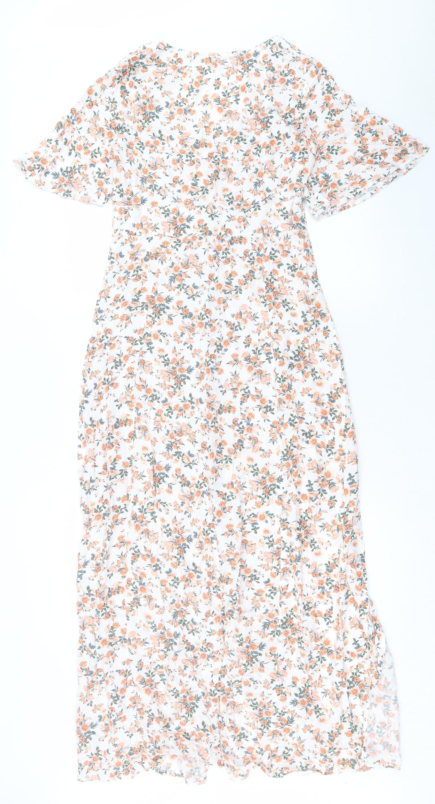 Miss Selfridge Womens Orange Floral Viscose A-Line Size 6 V-Neck Button