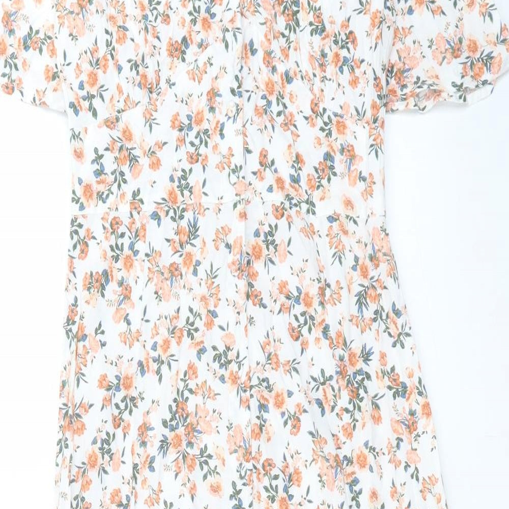 Miss Selfridge Womens Orange Floral Viscose A-Line Size 6 V-Neck Button