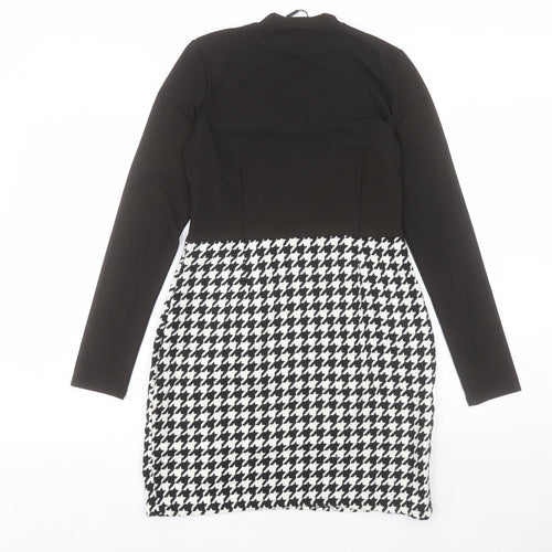 PRETTYLITTLETHING Womens Black Geometric Polyester Pencil Dress Size 12 Mock Neck Zip