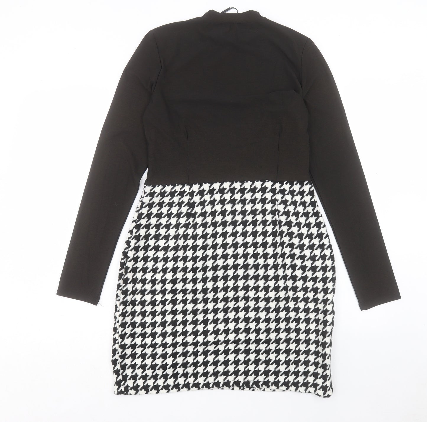 PRETTYLITTLETHING Womens Black Geometric Polyester Pencil Dress Size 12 Mock Neck Zip