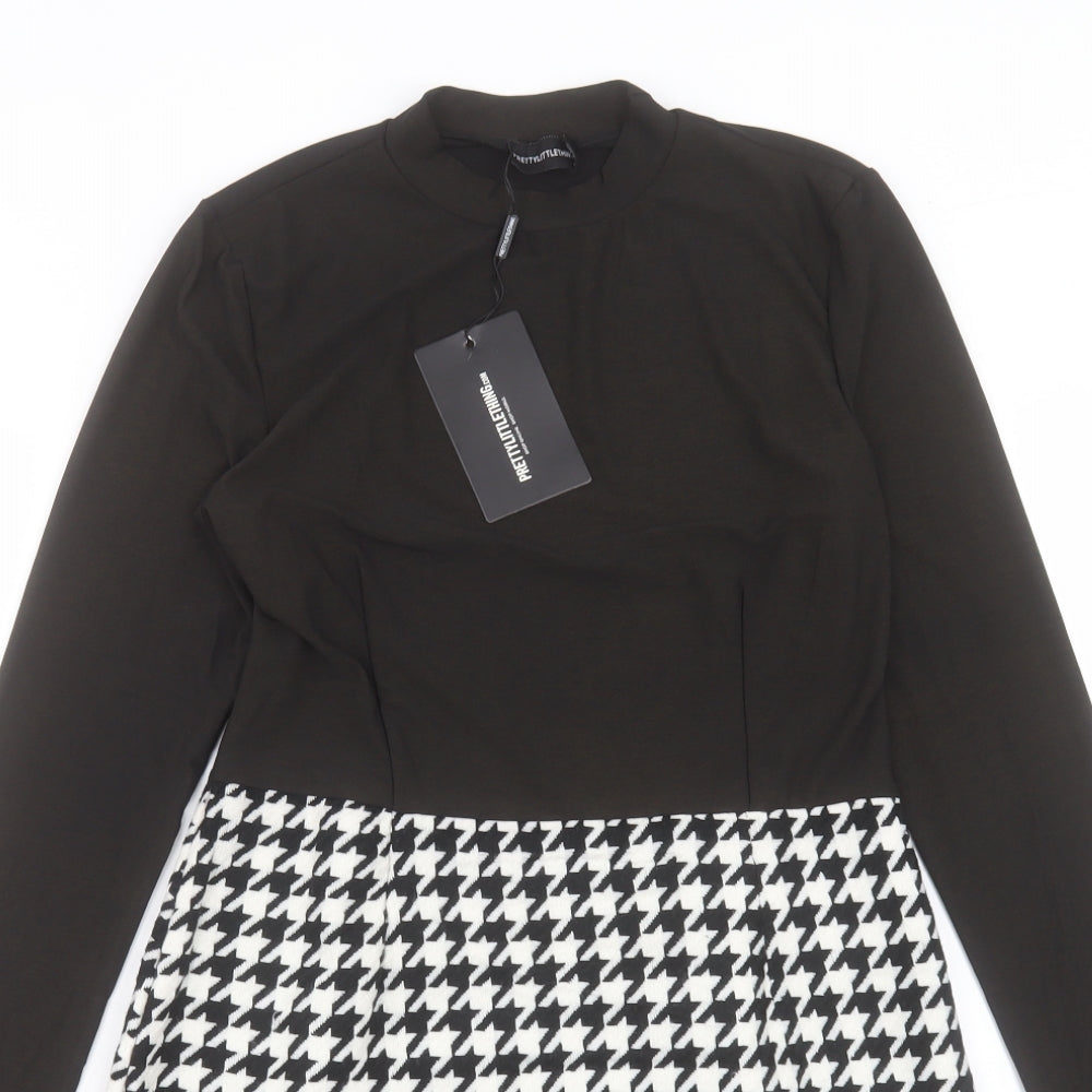 PRETTYLITTLETHING Womens Black Geometric Polyester Pencil Dress Size 12 Mock Neck Zip