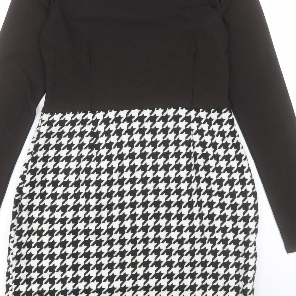 PRETTYLITTLETHING Womens Black Geometric Polyester Pencil Dress Size 12 Mock Neck Zip