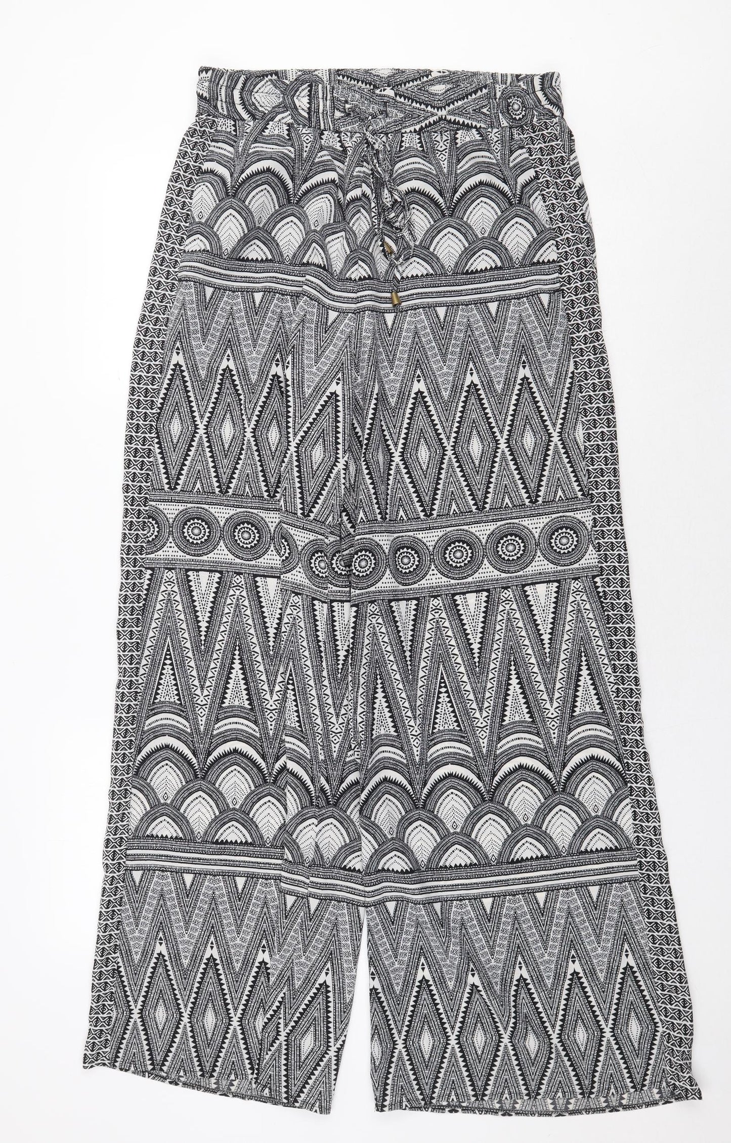 H&M Womens Black Geometric Polyester Trousers Size 14 Regular Tie