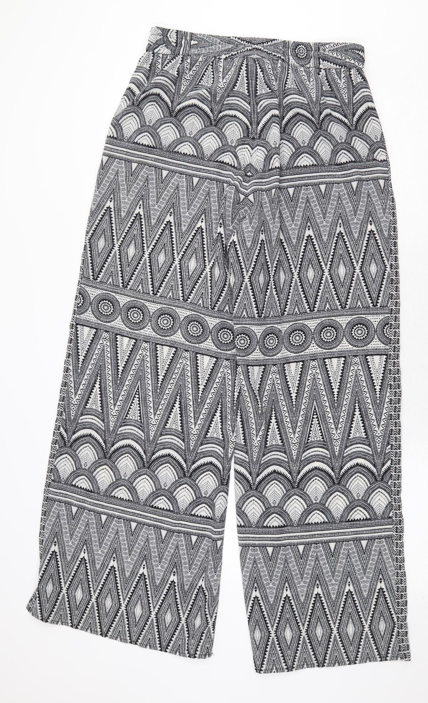 H&M Womens Black Geometric Polyester Trousers Size 14 Regular Tie