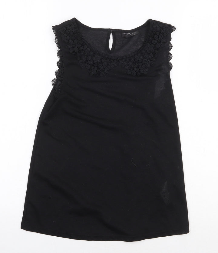 Topshop Womens Black Polyester Basic Tank Size 8 Round Neck - Flower Detail