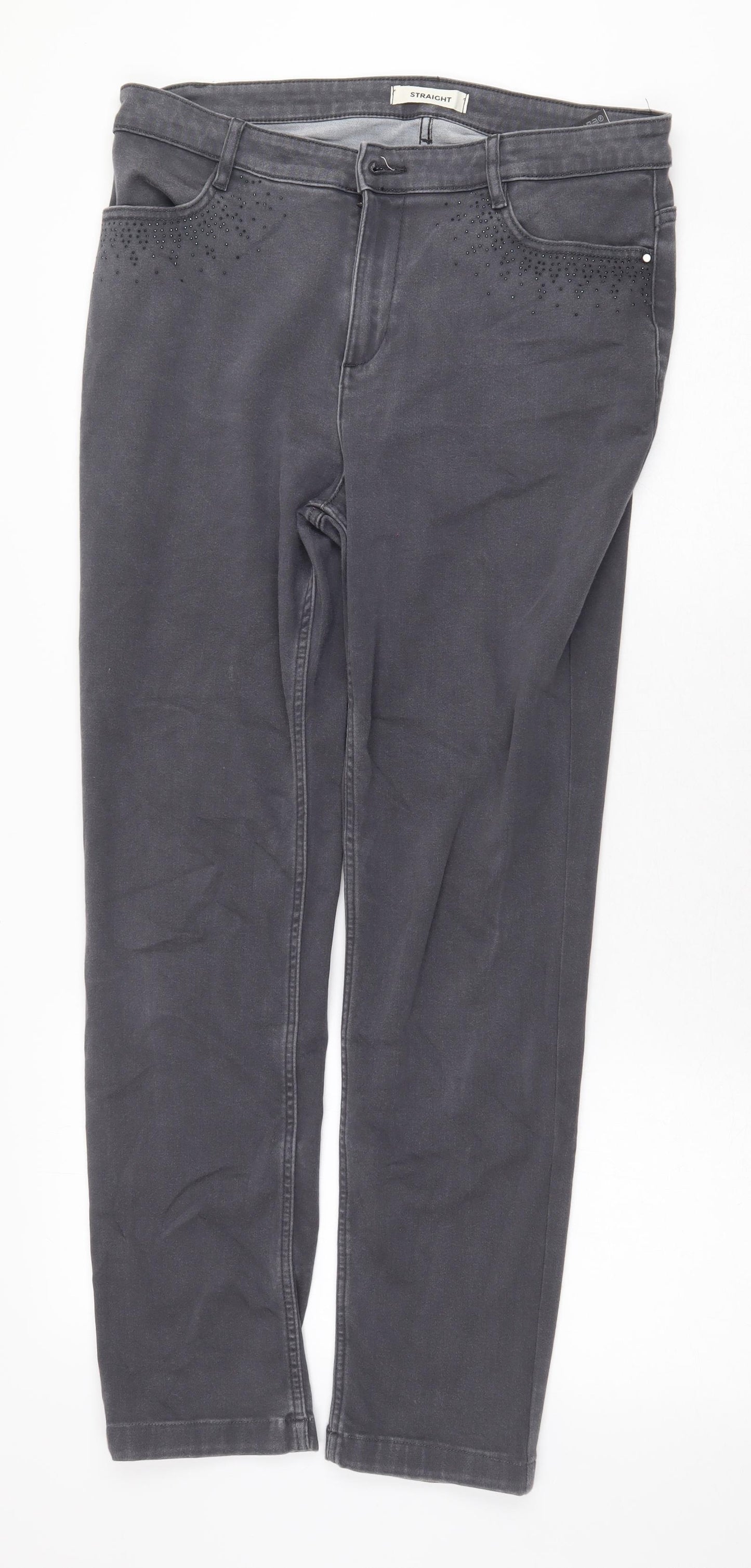 Marks and Spencer Womens Grey Cotton Straight Jeans Size 14 Regular Zip