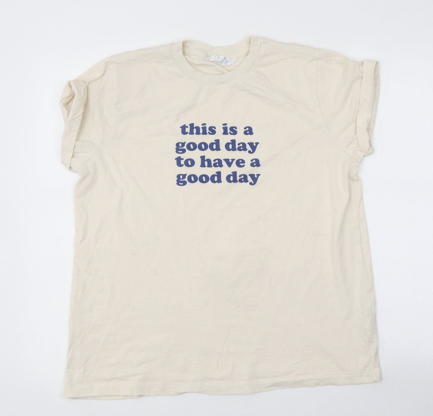 Primark Womens Beige Viscose Basic T-Shirt Size M Round Neck - Good Day Slogan