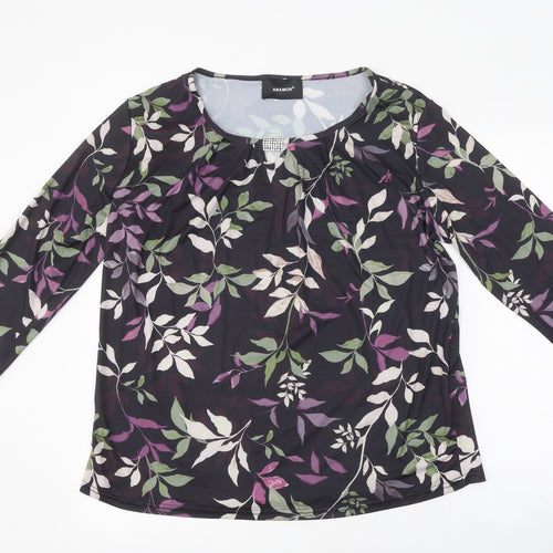 Anamor Womens Black Floral Polyester Basic T-Shirt Size L Round Neck - Leaf Print