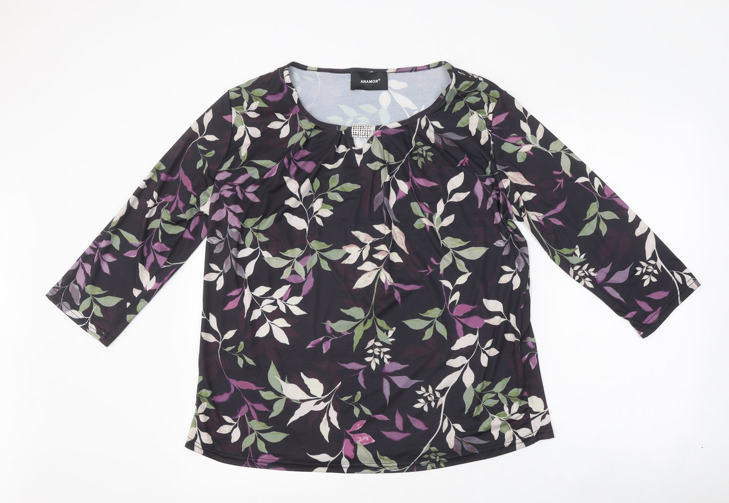 Anamor Womens Black Floral Polyester Basic T-Shirt Size L Round Neck - Leaf Print