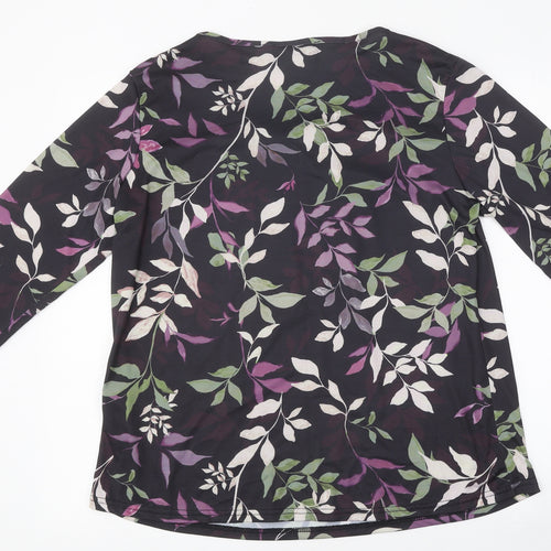 Anamor Womens Black Floral Polyester Basic T-Shirt Size L Round Neck - Leaf Print