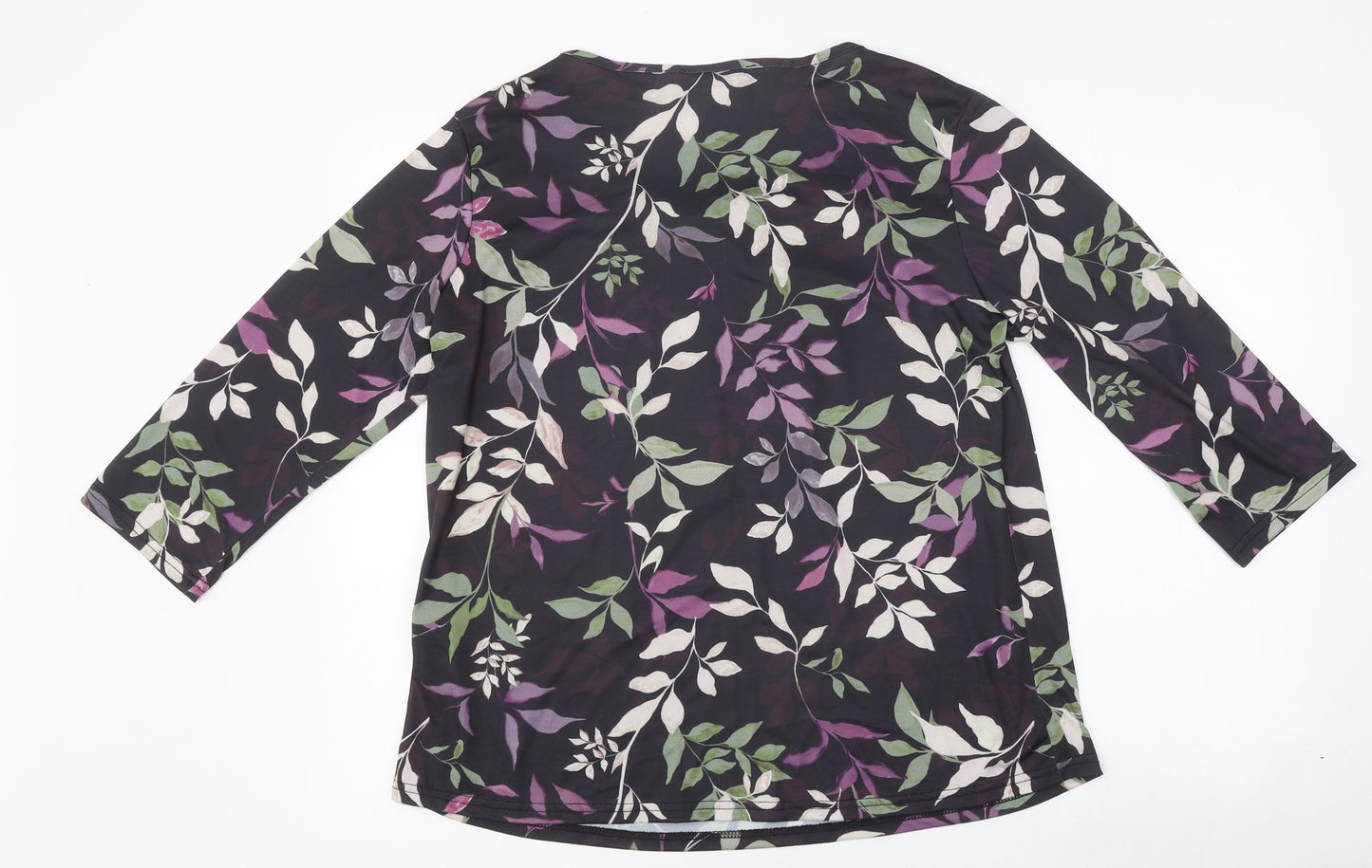 Anamor Womens Black Floral Polyester Basic T-Shirt Size L Round Neck - Leaf Print