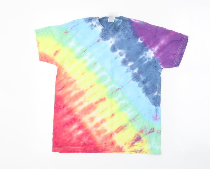 Fruit of the Loom Girls Multicoloured Geometric Polyester Basic T-Shirt Size 9-10 Years Round Neck Pullover - Tie Dye Pattern