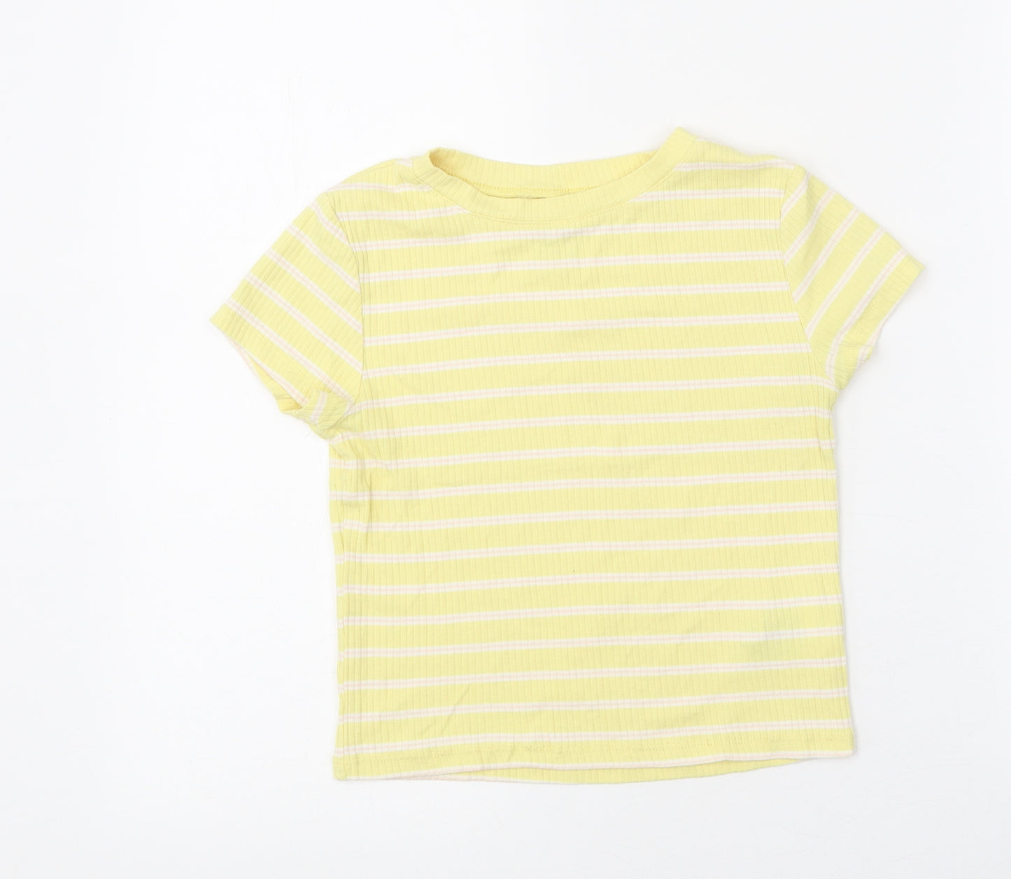 H&M Girls Yellow Striped Polyester Basic T-Shirt Size 8-9 Years Round Neck Pullover