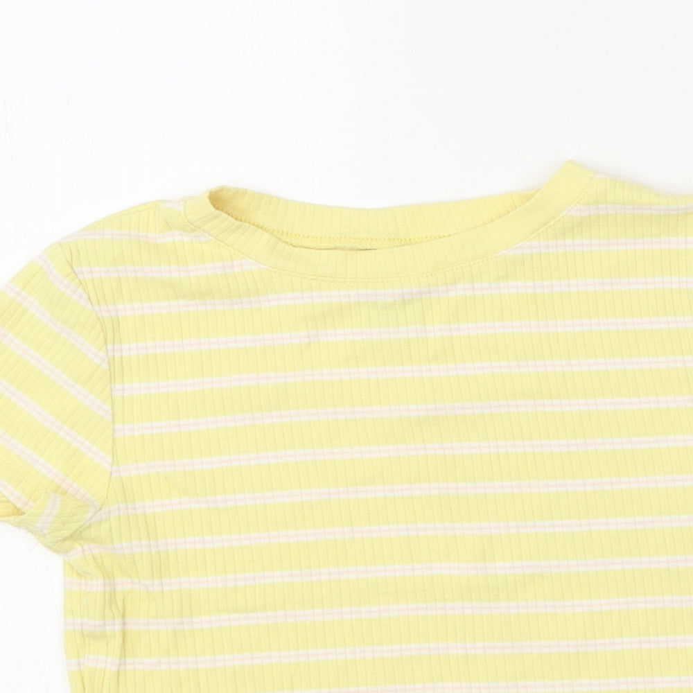 H&M Girls Yellow Striped Polyester Basic T-Shirt Size 8-9 Years Round Neck Pullover