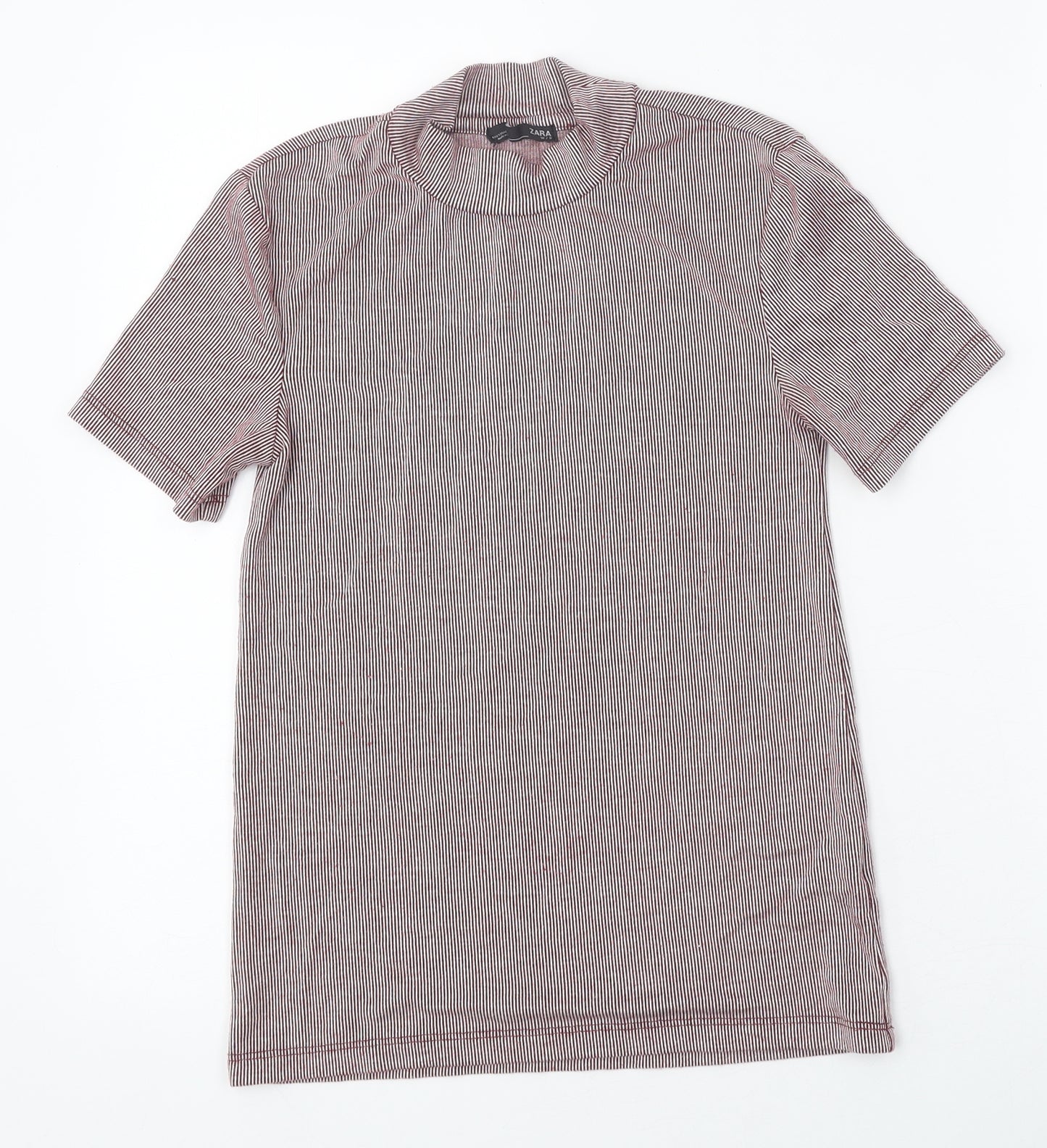 Zara Womens Red Striped Polyester Basic T-Shirt Size S Round Neck - Ribbed