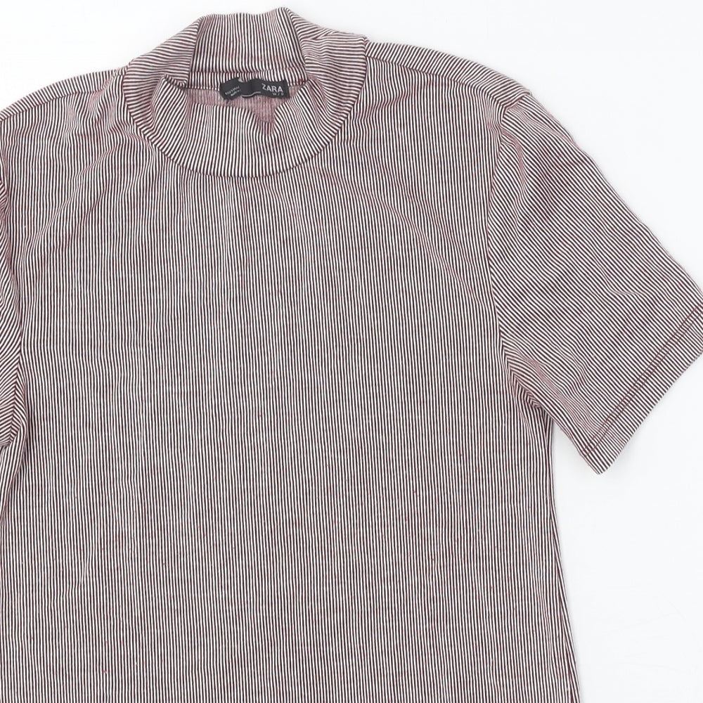 Zara Womens Red Striped Polyester Basic T-Shirt Size S Round Neck - Ribbed