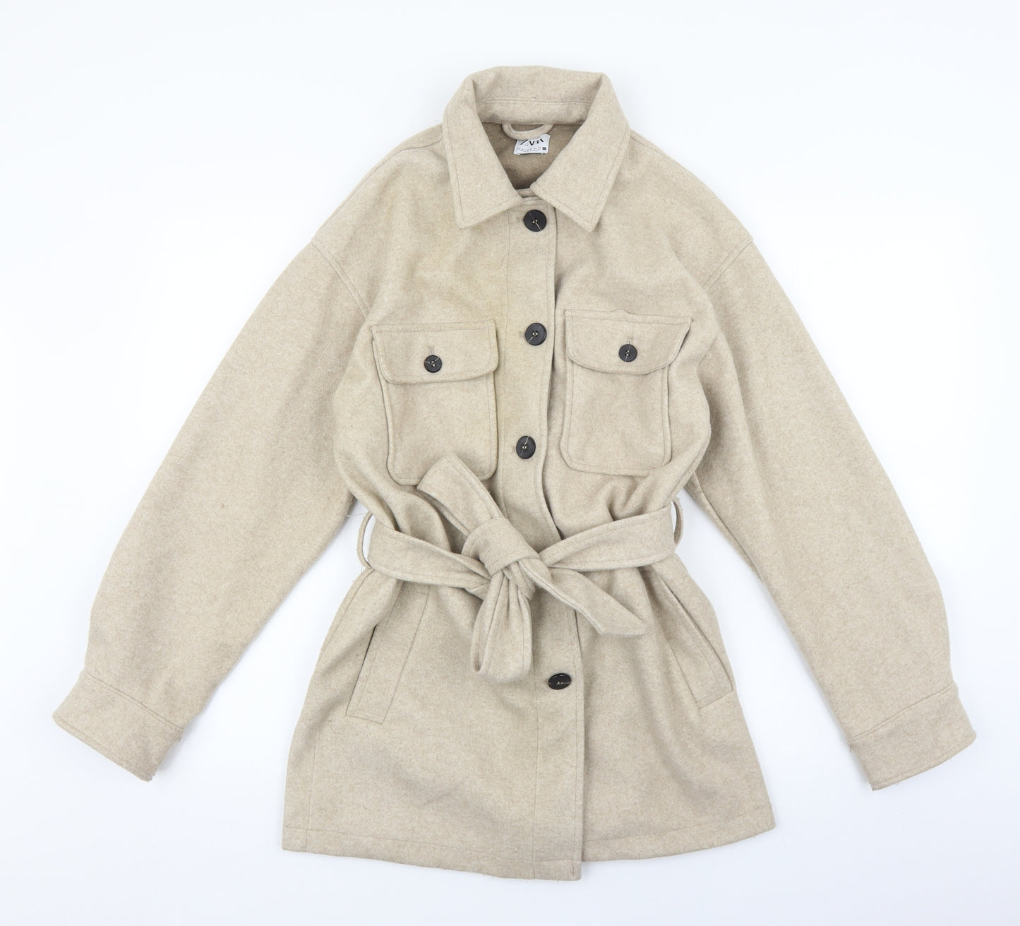 Zara Womens Beige Overcoat Coat Size M Button