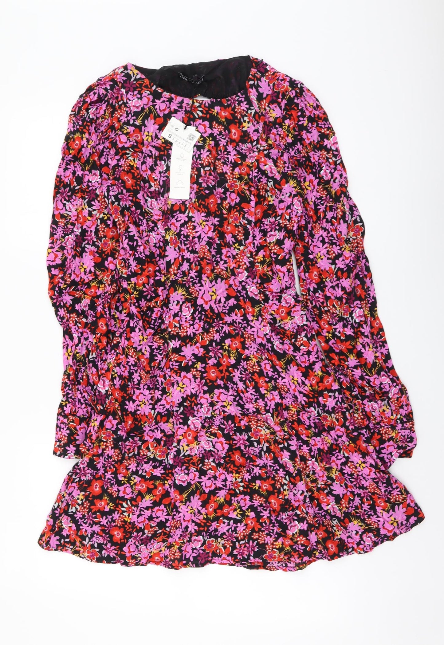 Zara Womens Multicoloured Floral Viscose A-Line Size S Round Neck Zip - Open Back