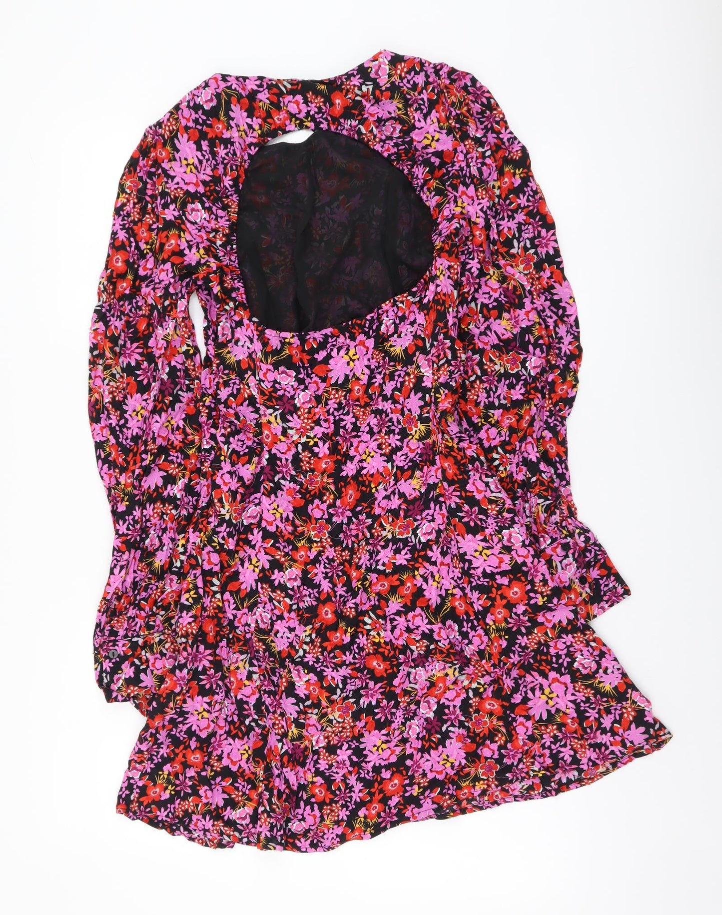 Zara Womens Multicoloured Floral Viscose A-Line Size S Round Neck Zip - Open Back