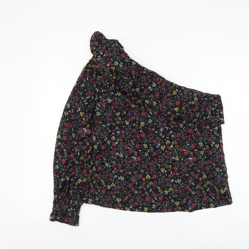 New Look Womens Black Floral Cotton Basic Blouse Size 12 One Shoulder