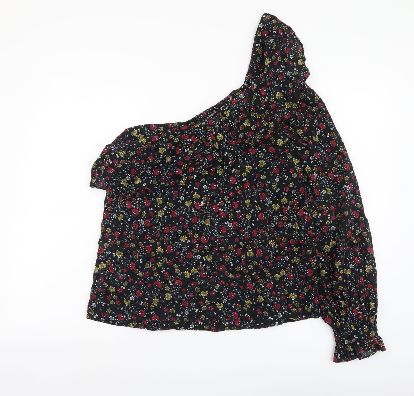 New Look Womens Black Floral Cotton Basic Blouse Size 12 One Shoulder