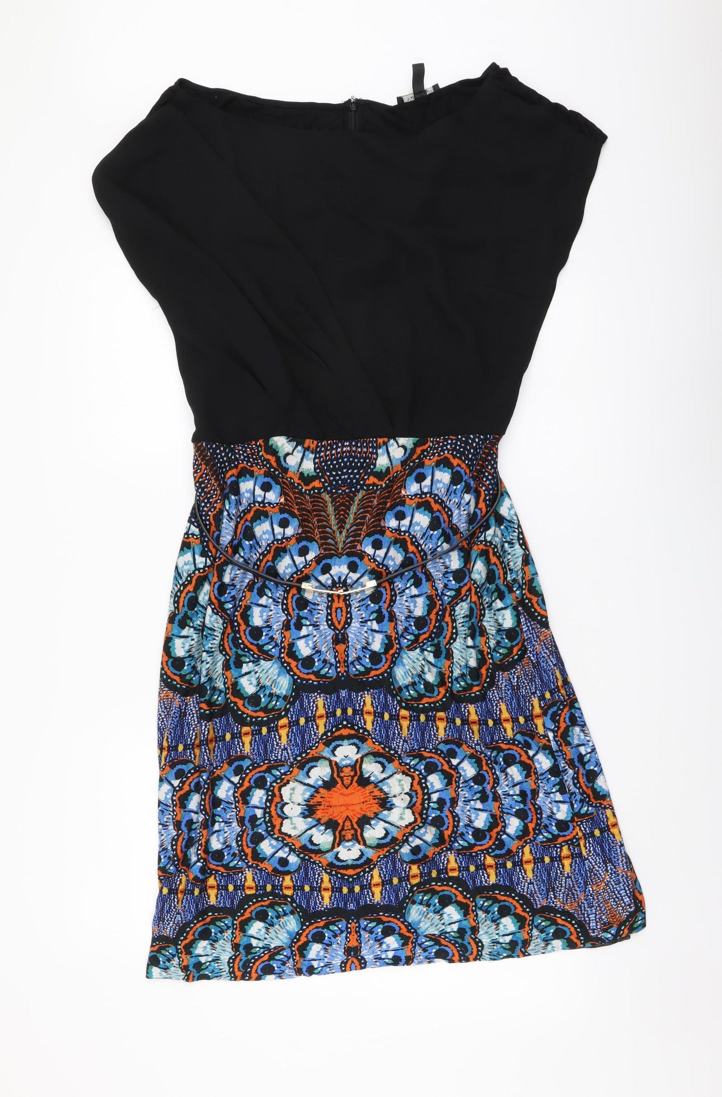 Mango Womens Multicoloured Geometric Polyester Fit & Flare Size L Scoop Neck Zip - Belt Inlcuded