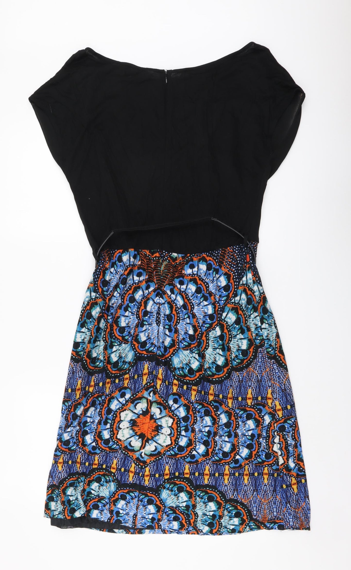 Mango Womens Multicoloured Geometric Polyester Fit & Flare Size L Scoop Neck Zip - Belt Inlcuded