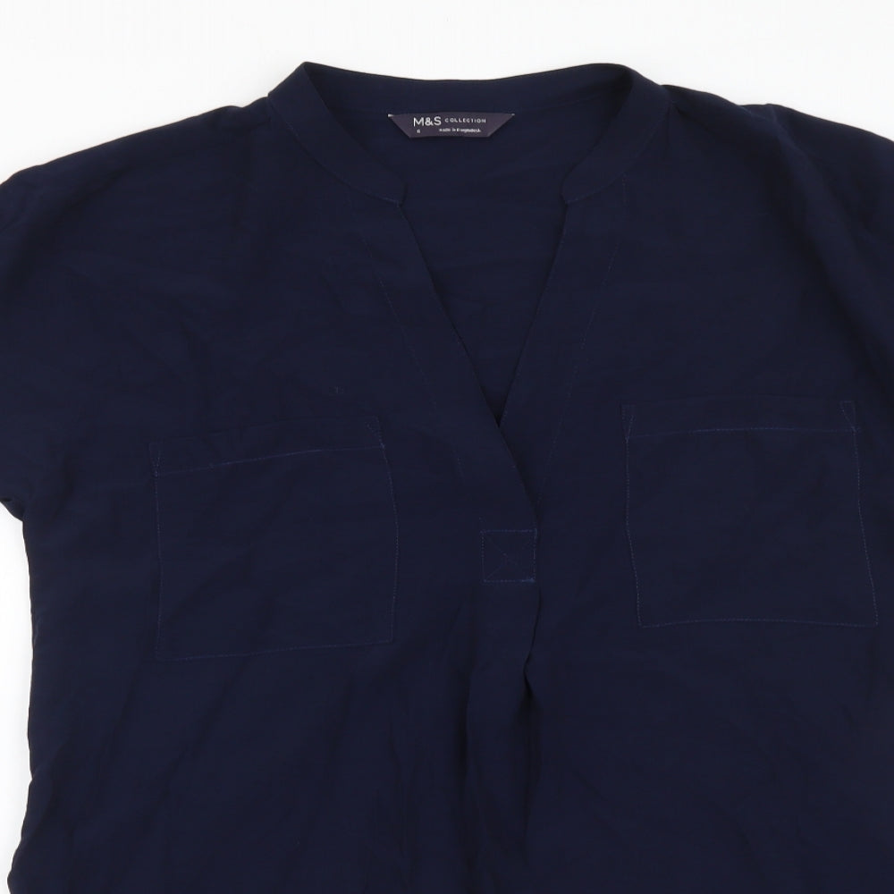 Marks and Spencer Womens Blue Polyester Basic Blouse Size 6 V-Neck