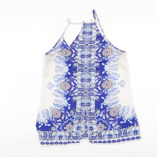 Japana Womens Blue Geometric Polyester Basic Tank Size S V-Neck